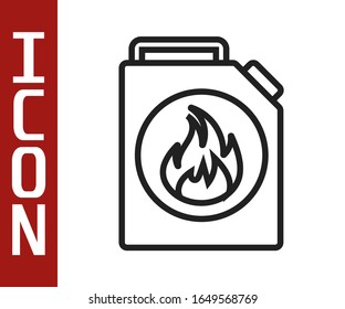 Black line Canister for flammable liquids icon isolated on white background. Oil or biofuel, explosive chemicals, dangerous substances.  Vector Illustration