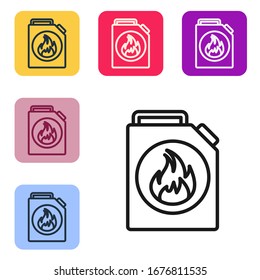 Black line Canister for flammable liquids icon isolated on white background. Oil or biofuel, explosive chemicals, dangerous substances. Set icons in color square buttons. Vector Illustration