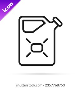 Black line Canister for flammable liquids icon isolated on white background. Oil or biofuel, explosive chemicals, dangerous substances.  Vector