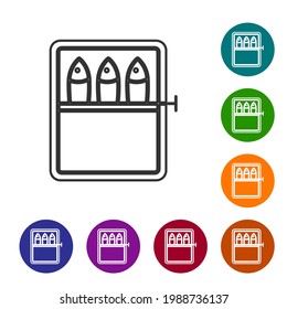 Black line Canned fish icon isolated on white background. Set icons in color circle buttons. Vector