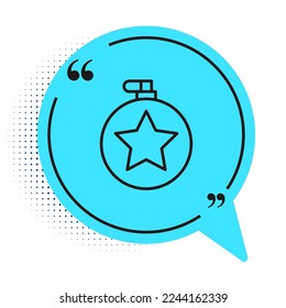 Black line Canteen water bottle icon isolated on white background. Tourist flask icon. Jar of water use in the campaign. Blue speech bubble symbol. Vector Illustration