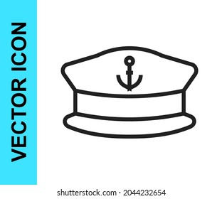 Black line Captain hat icon isolated on white background.  Vector