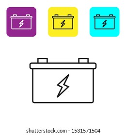 Black line Car battery icon isolated on white background. Accumulator battery energy power and electricity accumulator battery. Set icons colorful square buttons. Vector Illustration