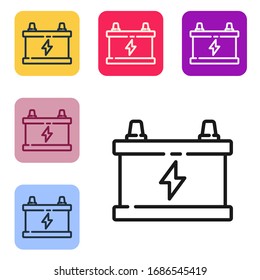 Black line Car battery icon isolated on white background. Accumulator battery energy power and electricity accumulator battery. Set icons in color square buttons. Vector Illustration