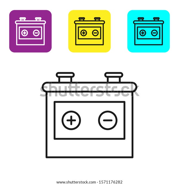 Black line\
Car battery icon isolated on white background. Accumulator battery\
energy power and electricity accumulator battery. Set icons\
colorful square buttons. Vector\
Illustration