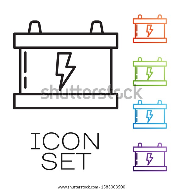 Black line\
Car battery icon isolated on white background. Accumulator battery\
energy power and electricity accumulator battery. Lightning bolt.\
Set icons colorful. Vector\
Illustration
