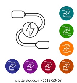 Black line Car battery jumper power cable icon isolated on white background. Set icons in color circle buttons. Vector