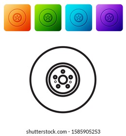 Black line Car brake disk icon isolated on white background. Set icons in color square buttons. Vector Illustration