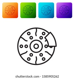 Black line Car brake disk with caliper icon isolated on white background. Set icons in color square buttons. Vector Illustration