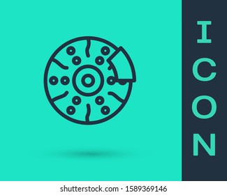 Black line Car brake disk with caliper icon isolated on green background.  Vector Illustration