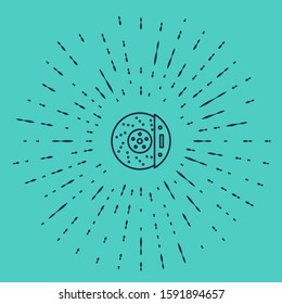 Black line Car brake disk with caliper icon isolated on green background. Abstract circle random dots. Vector Illustration