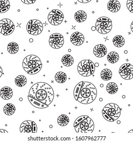 Black line Car brake disk with caliper icon isolated seamless pattern on white background.  Vector Illustration