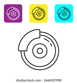 Disco de freno de Camión de línea negra con icono de la pinza de freno aislado en fondo blanco. Defina los iconos con los botones cuadrados coloridos.  Ilustración vectorial