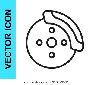 Black line Car brake disk with caliper icon isolated on white background.  Vector
