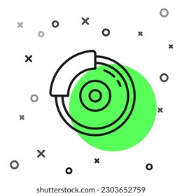 Disco de freno de coche de línea negra con icono de la pinza de freno aislado en fondo blanco.  Ilustración vectorial