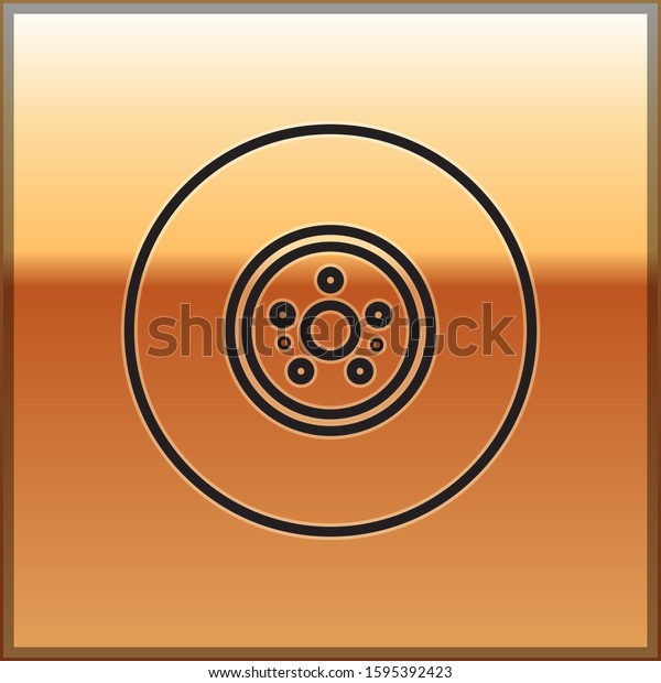 Black line Car brake disk icon isolated on\
gold background.  Vector\
Illustration