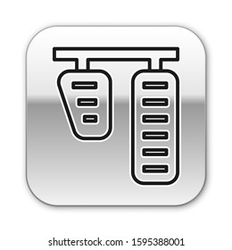 Black line Car gas and brake pedals icon isolated on white background. Silver square button. Vector Illustration