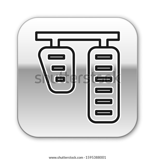 Black line Car\
gas and brake pedals icon isolated on white background. Silver\
square button. Vector\
Illustration