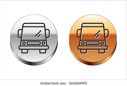 Black line Car icon isolated on white background. Front view. Silver-gold circle button. Vector Illustration