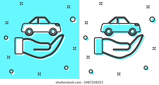 Black line Car insurance icon isolated on green and white background. Insurance concept. Security, safety, protection, protect concept. Random dynamic shapes. Vector