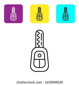 Black line Car key with remote icon isolated on white background. Car key and alarm system. Set icons colorful square buttons. Vector Illustration