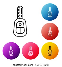 Black line Car key with remote icon isolated on white background. Car key and alarm system. Set icons colorful circle buttons. Vector Illustration