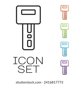 Black line Car key with remote icon isolated on white background. Car key and alarm system. Set icons colorful. Vector