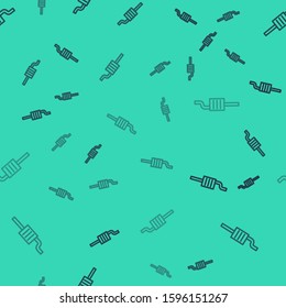 Black line Car muffler icon isolated seamless pattern on green background. Exhaust pipe.  Vector Illustration