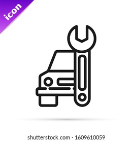 Black line Car service icon isolated on white background. Auto mechanic service. Repair service auto mechanic. Maintenance sign.  Vector Illustration