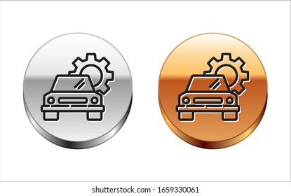 Black line Car service icon isolated on white background. Auto mechanic service. Repair service auto mechanic. Maintenance sign. Silver-gold circle button. Vector Illustration