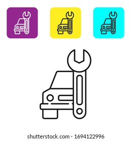 Black line Car service icon isolated on white background. Auto mechanic service. Repair service auto mechanic. Maintenance sign. Set icons colorful square buttons. Vector Illustration