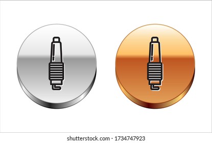 Black line Car spark plug icon isolated on white background. Car electric candle. Silver-gold circle button. Vector Illustration