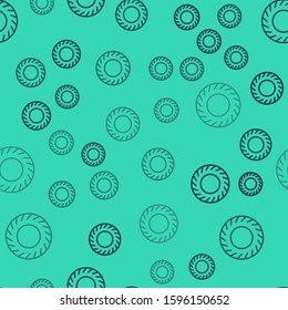 Black line Car tire icon isolated seamless pattern on green background.  Vector Illustration