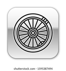 Black line Car wheel icon isolated on white background. Silver square button. Vector Illustration