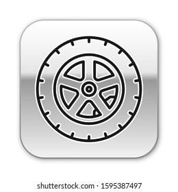 Black line Car wheel icon isolated on white background. Silver square button. Vector Illustration