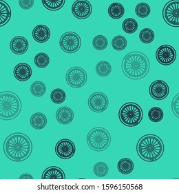 Black line Car wheel icon isolated seamless pattern on green background.  Vector Illustration