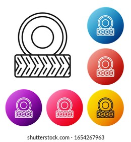 Black line Car wheel icon isolated on white background. Set icons colorful circle buttons. Vector Illustration