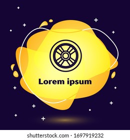Black line Car wheel icon isolated on blue background. Abstract banner with liquid shapes. Vector Illustration