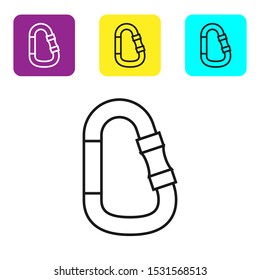 Black line Carabiner icon isolated on white background. Extreme sport. Sport equipment. Set icons colorful square buttons. Vector Illustration
