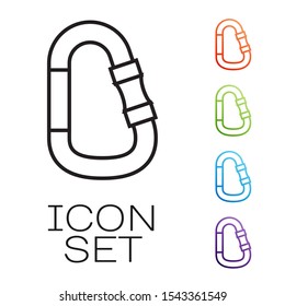 Black line Carabiner icon isolated on white background. Extreme sport. Sport equipment. Set icons colorful. Vector Illustration
