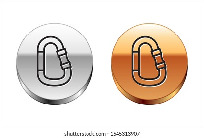 Black line Carabiner icon isolated on white background. Extreme sport. Sport equipment. Silver-gold circle button. Vector Illustration
