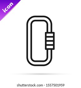 Black line Carabiner icon isolated on white background. Extreme sport. Sport equipment.  Vector Illustration