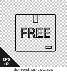 Black line Cardboard box with free symbol icon isolated on transparent background. Box, package, parcel sign. Delivery, transportation and shipping.  Vector Illustration