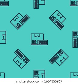 Black line Cardboard box with free symbol icon isolated seamless pattern on green background. Box, package, parcel. Delivery, transportation and shipping.  Vector Illustration