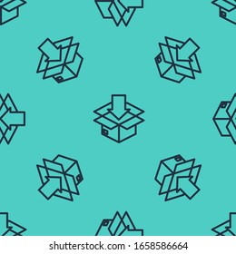 Black line Cardboard box with traffic symbol icon isolated seamless pattern on green background. Box, package, parcel. Delivery, transportation and shipping.  Vector Illustration