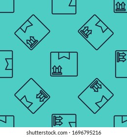 Black line Cardboard box with traffic symbol icon isolated seamless pattern on green background. Box, package, parcel. Delivery, transportation and shipping.  Vector Illustration