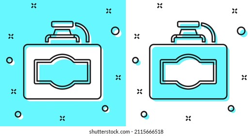 Black line Cardboard box of wine icon isolated on green and white background. Random dynamic shapes. Vector