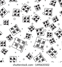 Black line Cardboard boxes on pallet icon isolated seamless pattern on white background. Closed carton delivery packaging box with fragile signs.  Vector Illustration