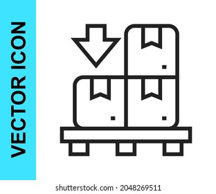 Black line Cardboard boxes on pallet icon isolated on white background. Closed carton delivery packaging box with fragile signs.  Vector