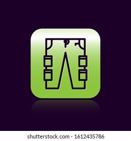 Black line Cargo pants icon isolated on black background. Green square button. Vector Illustration